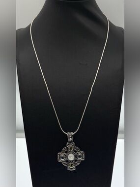 BA Suarti Sterling Silver 18k Gold Cross Pendant w/ Gemstones, 20" Snake Chain